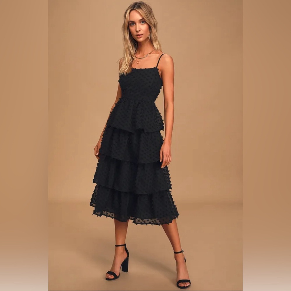 Lulus Black Tiered Pom Pom Midi Dress - Size Small